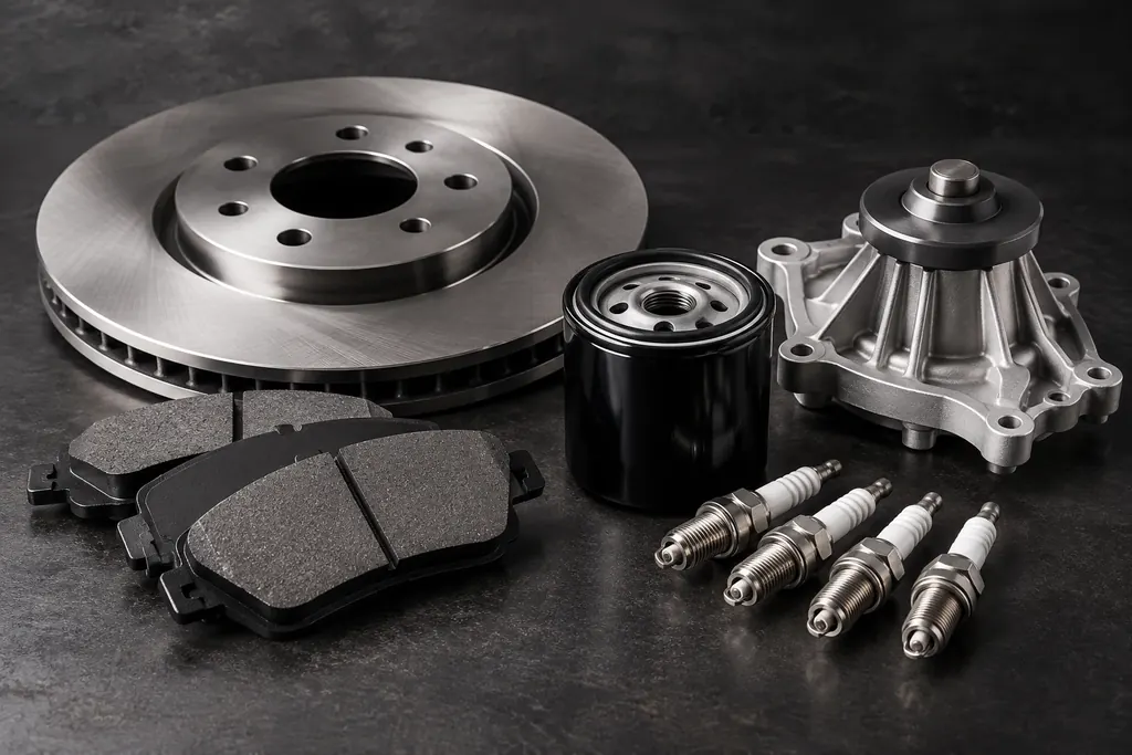 Illustration of a brake rotor, brake pads, an oil filter, a water pump and spark plugs on a workbench